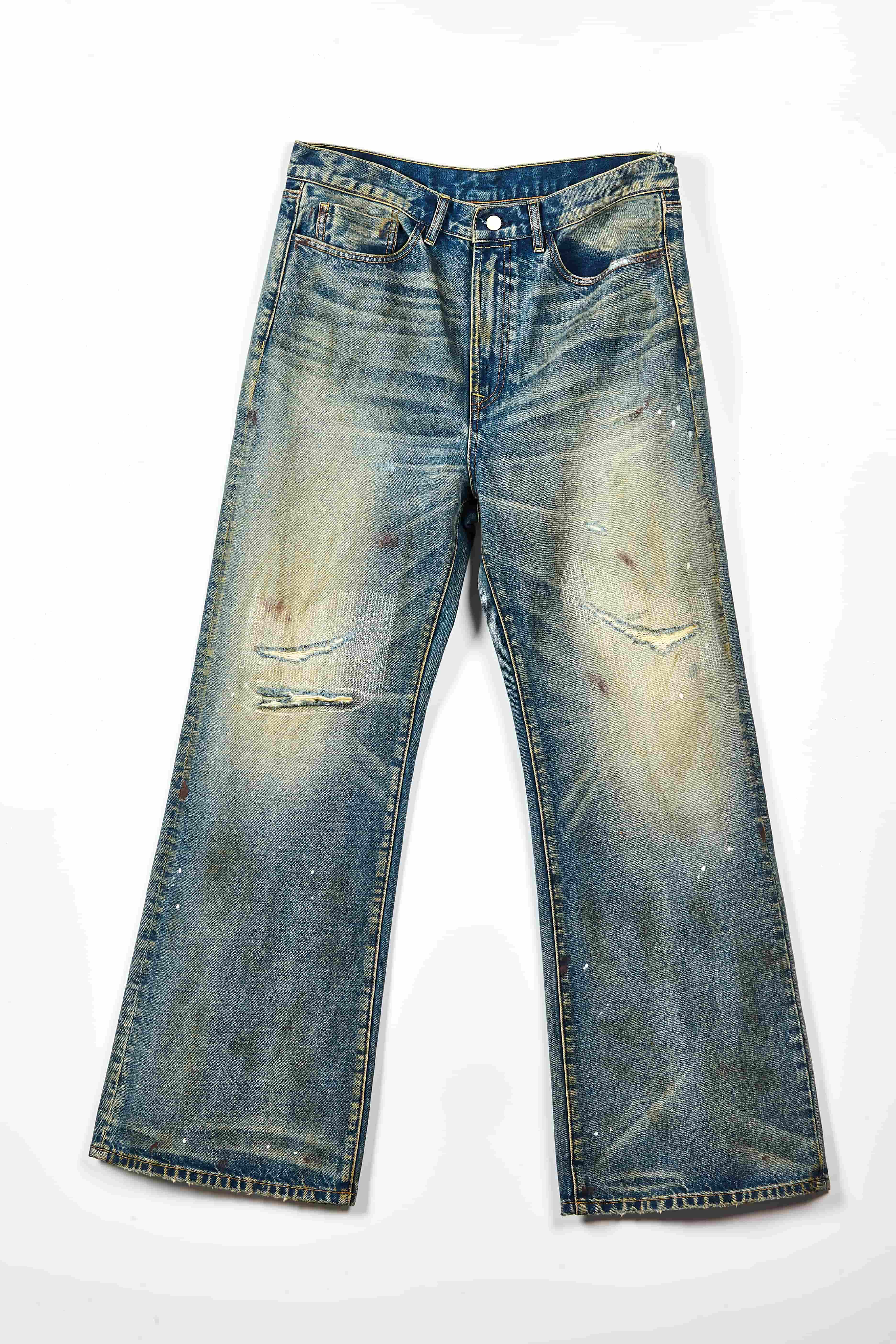 Vintage Washed Flare Jeans - Distressed Paint Splatter Streetwear Denim